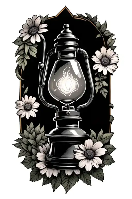 mining lamp with flowers underneath tattoo design idea