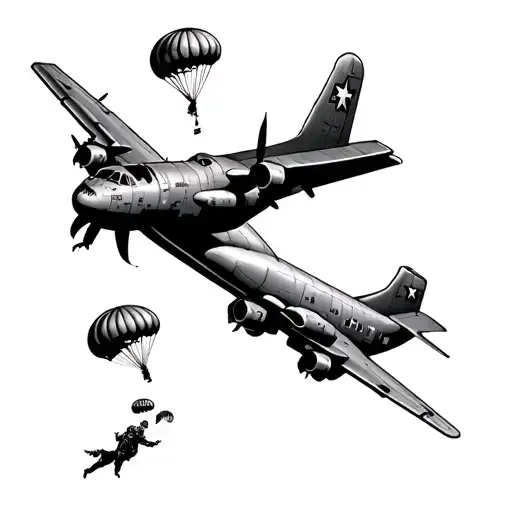 black and white military soldiers jumping out of a C-130 with parachutes  tattoo design idea