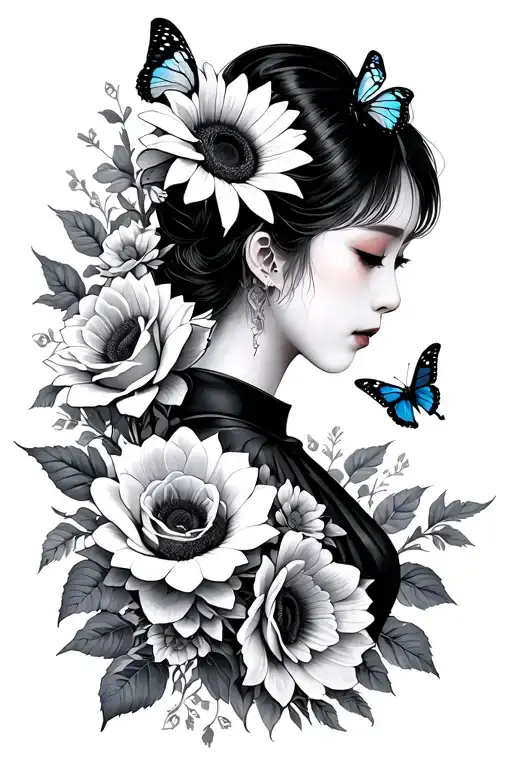 Korean with Roses, sunflowers and butterflies  tattoo design idea