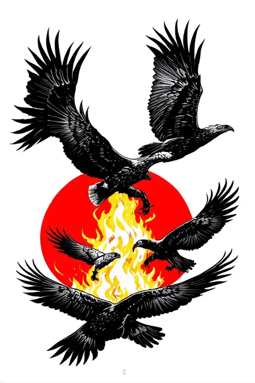 vultures circling a fire with a evil sun setting in the background tattoo design idea