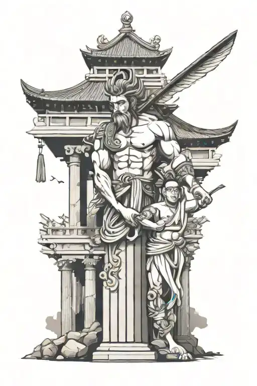 greek god pillars slightly crumbling with a japanese warrior below with a japanese house behind the warrior tattoo design idea