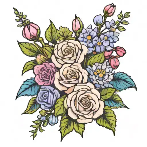 a bouquet of peace roses, daisies, bleeding hearts, and lilac tattoo design idea