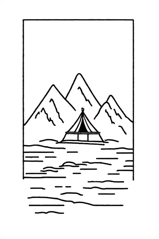 mountain + river + tent tattoo design idea