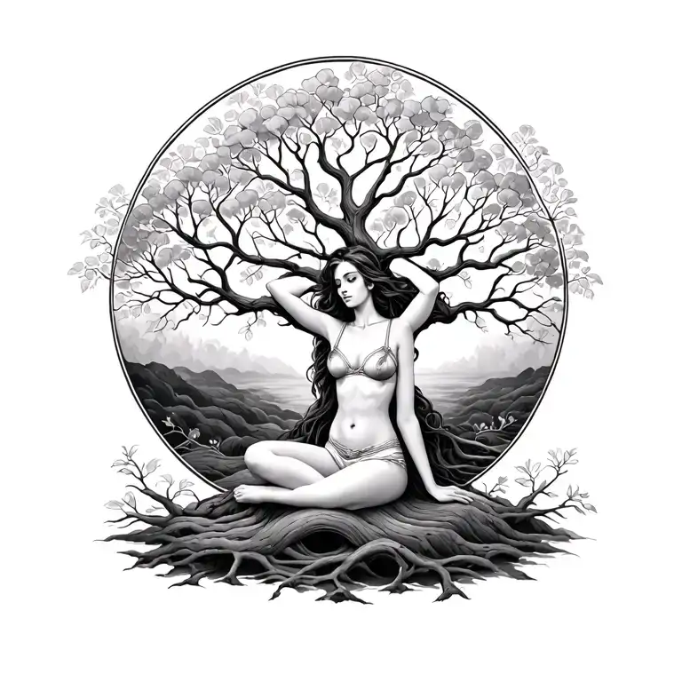 tree of life woman posing tattoo design idea