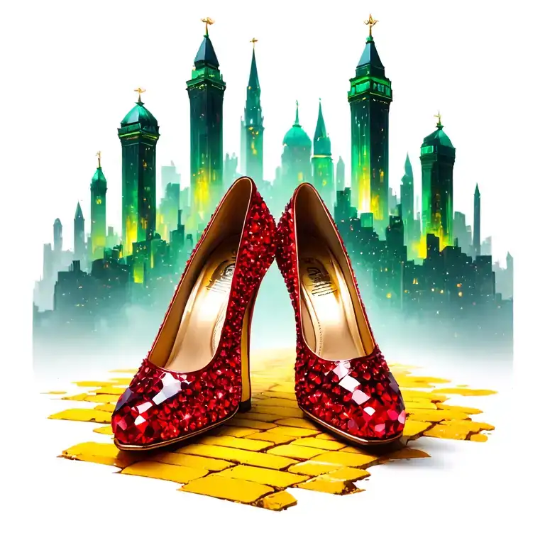 two sparkling ruby shoes with yellow brick road and emerald city in background tattoo design idea