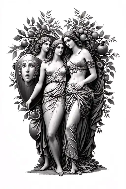Athena, Demeter and Persephone surrounded by pomegranate, cornucopia, olive branches and Athena holding a medusa shield tattoo design idea