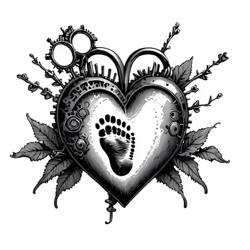 steampunk heart with newborn footprint tattoo design idea