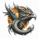 On the arm, with phoenix, dragon eye and lava. In color. Phoenix should be at the very top of the shoulder, then dragon comes down tattoo design idea