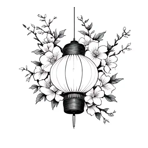  japan lantern wrapped in flowers. Black and white tattoo design idea