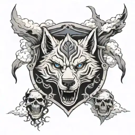 Blue eyed Wolf Skull demon raider shield tree mountain clouds storm tattoo design idea