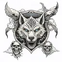 Blue eyed Wolf Skull demon raider shield tree mountain clouds storm tattoo design idea
