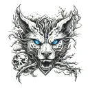 Blue eyed Wolf Skull demon raider shield tree mountain clouds storm tattoo design idea