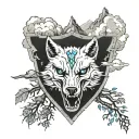 Blue eyed Wolf Skull demon raider shield tree mountain clouds storm tattoo design idea