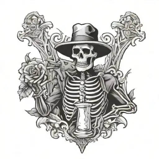 Skeleton drinking from a broken hourglass in the style of American gothic tattoo design idea