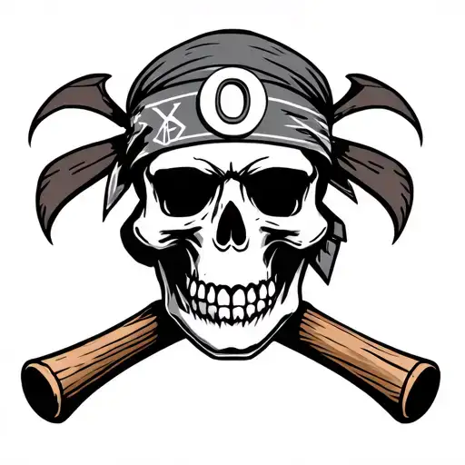 biker skull wearing a bandana with Old English letter O in the center, holding two crossed wooden bats in the background tattoo design idea