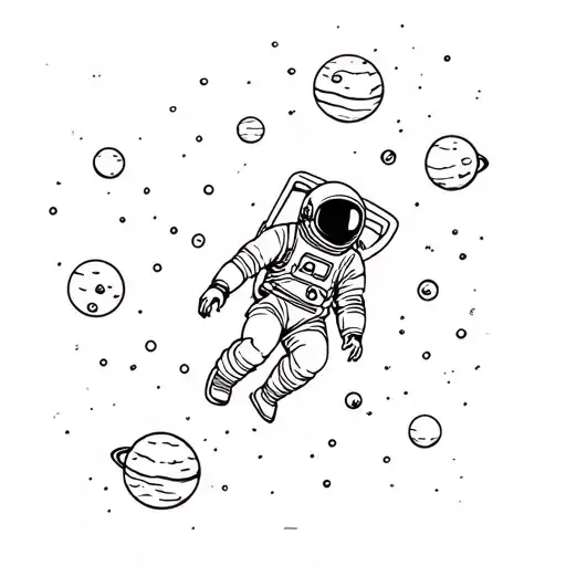 astronaut floating in space surrounded by planets tattoo design idea