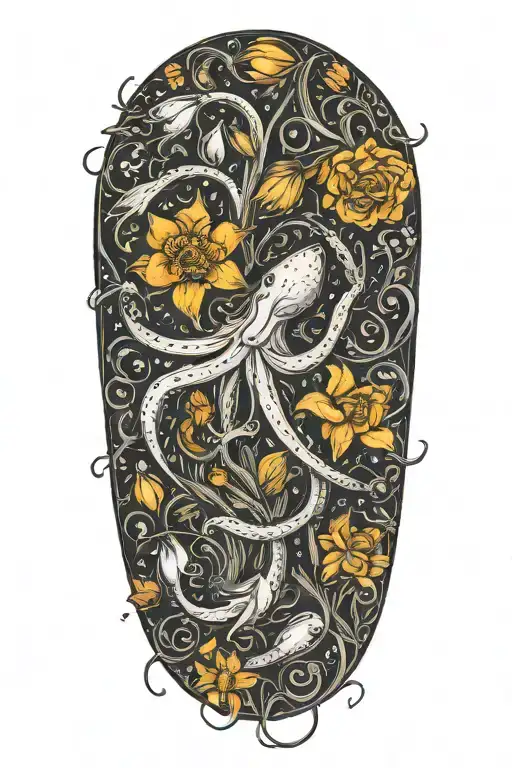 snowdrops, rose, marigold, daffodil, octopus tentacles tattoo design idea