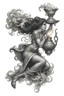 realistic tattoo design, black and grey, female genie coming out the smoke of a wonder lamp, tattoo design idea