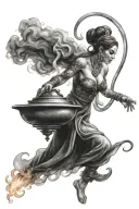 realistic tattoo design, black and grey, female genie coming out the smoke of a wonder lamp, tattoo design idea