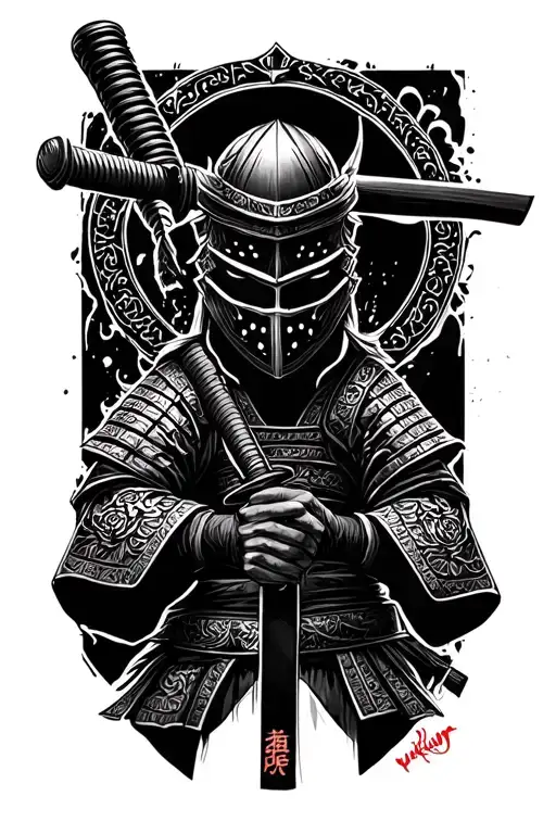 samurai with katana in mask black and white tattoo sketch simple tattoo design idea