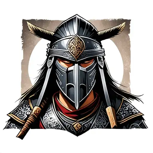 traditional Japanese samurai portrait but woth the mask of A Greek Spartan  tattoo design idea