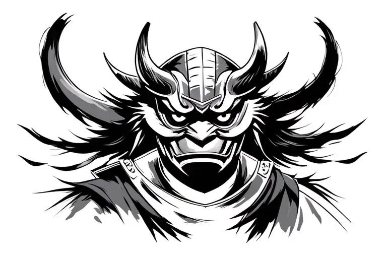 Masked samurai warrior, stylized in striking and dark strokes. The samurai wears an intimidating Oni Mask tattoo design idea
