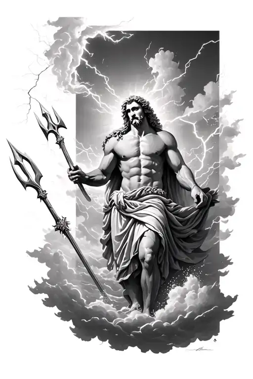 zeus on clouds shooting lightning and poseidon trident shooting water tattoo design idea