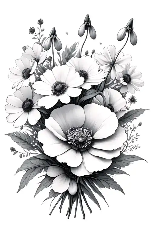 snowdrop, poppy, marigold, cosmos, peony flowers bouquet tattoo design idea