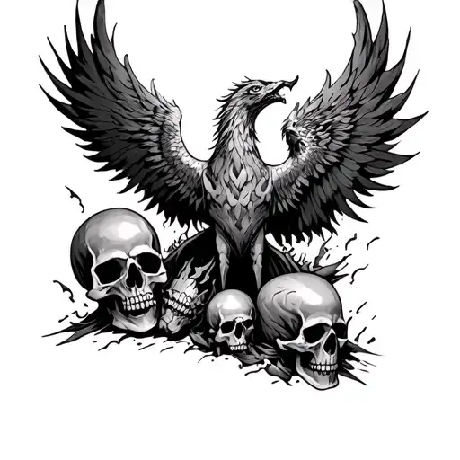 Phoenix rising from the ashes and Skulls in the ashes tattoo design idea