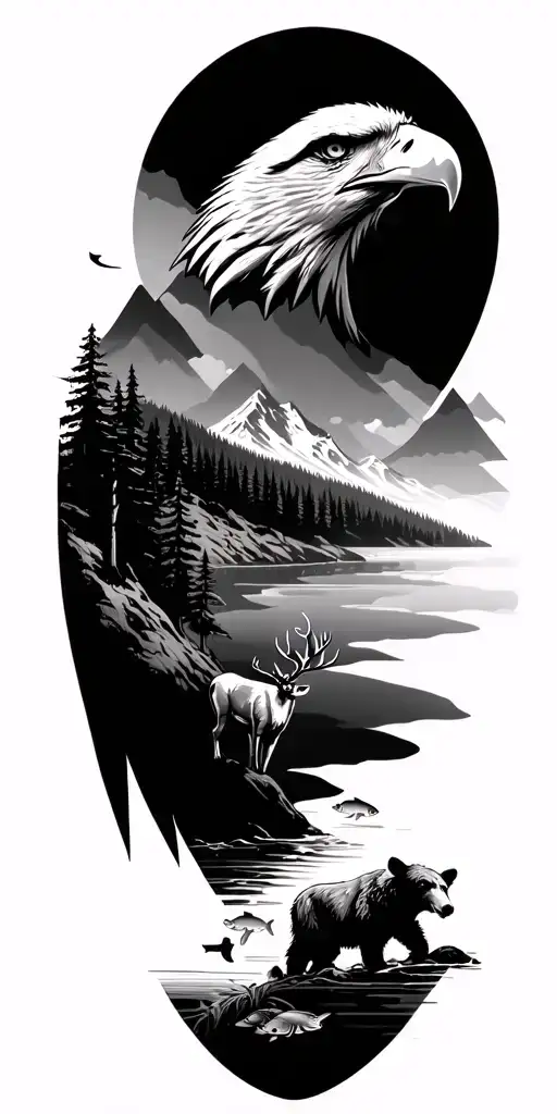 mountain peaks and eagle head, leading forest with wild deer and bear, leading down to river with fish and the ocean tattoo design idea