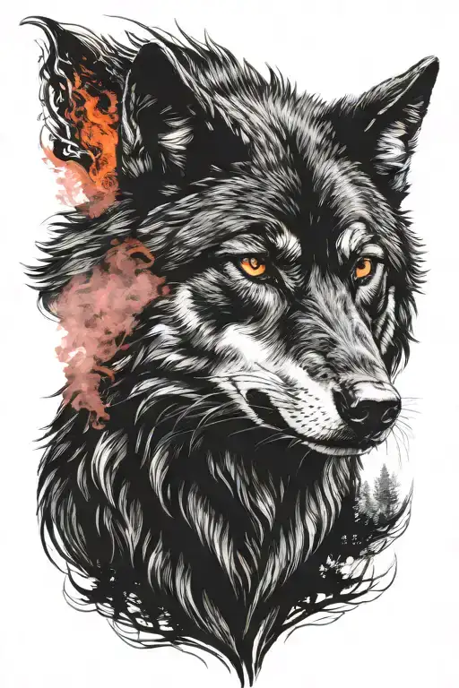 black wolf with red eyes like fire I'm tattoo design idea
