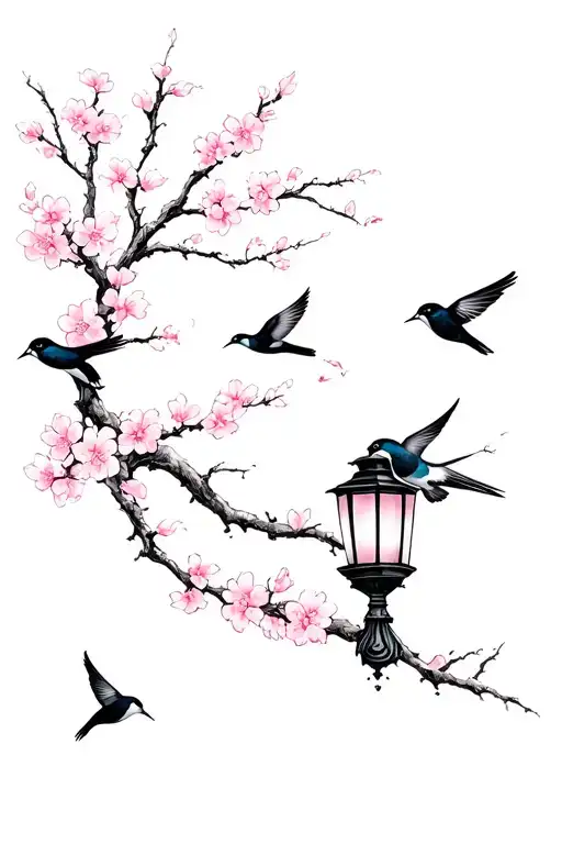 Flying swallows around the sakura branch and lantern. 18cm tattoo design idea