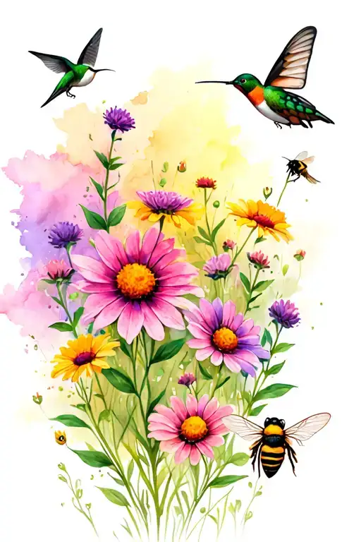 a field of Wild flowers with a Butterfly, a hummingbird, and a honey bee flying or feeding from the flowers  tattoo design idea