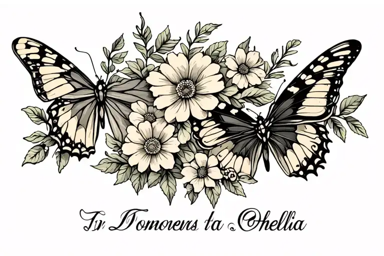 Flowers and butterflies with name Ophelia tattoo design idea