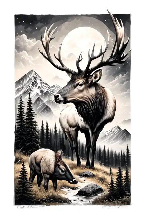 Mountains, elk, nature; For me, through God; Strong Spine, Soft Heart tattoo design idea