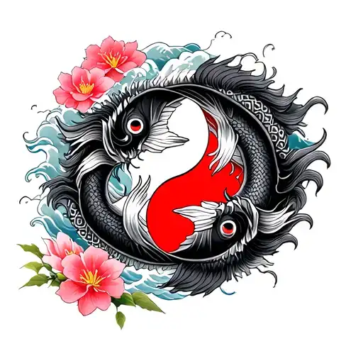 Tattoo of two fish yin and yang covered with chinese dragon black and red, background behind wave and sakura flowers,  tattoo design idea