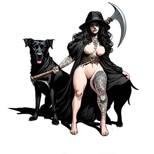 A naked girl who, in an outfit of death with a scythe in her hand and a hidden cap with a black dog with a shepherd tattoo design idea