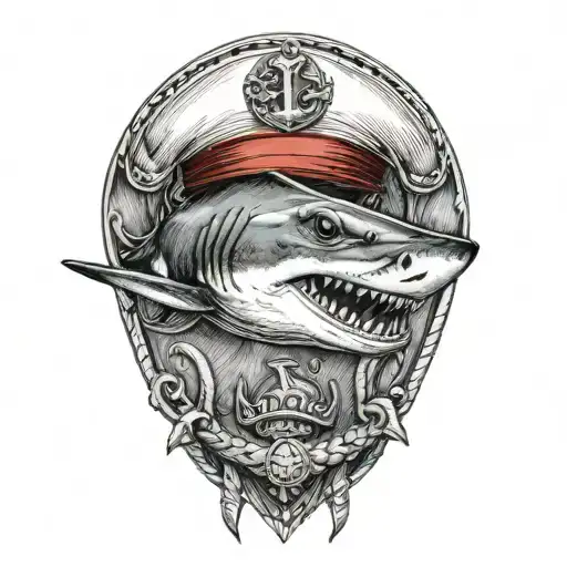 shark with anchor in mouth wearing a sailor hat tattoo design idea
