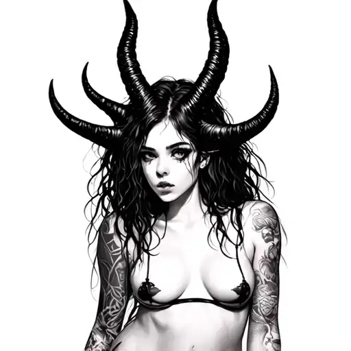 Sexy Pale Girl, Petite, Big Boobs, Wide Hips, G-string. Messy Hair, Demonic Horns, Sexual, full body  tattoo design idea
