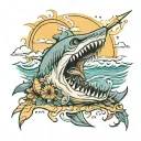 beach , sun , jaws , boat tattoo design idea