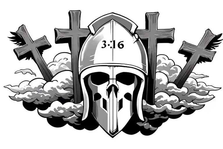 tattoo with clouds, 3 crosses and a spartan helmet with 3:16 on the middle cross tattoo design idea