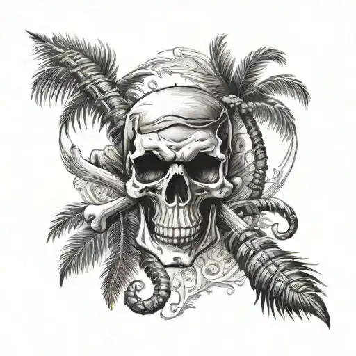 jolly roger with Palm tree branch tattoo design idea