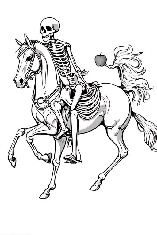 A skeleton on the back of a galloping horse. The horse is seen by 3/4. The skeleton holds an apple in his right hand tattoo design idea