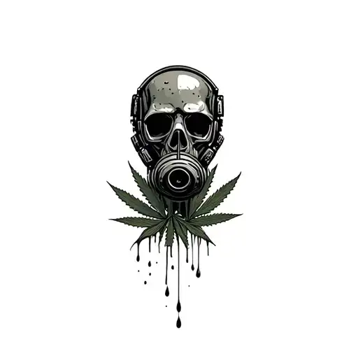 composition,robot skull with gas mask,marijuana leaves in the background,dripping blood tattoo design idea
