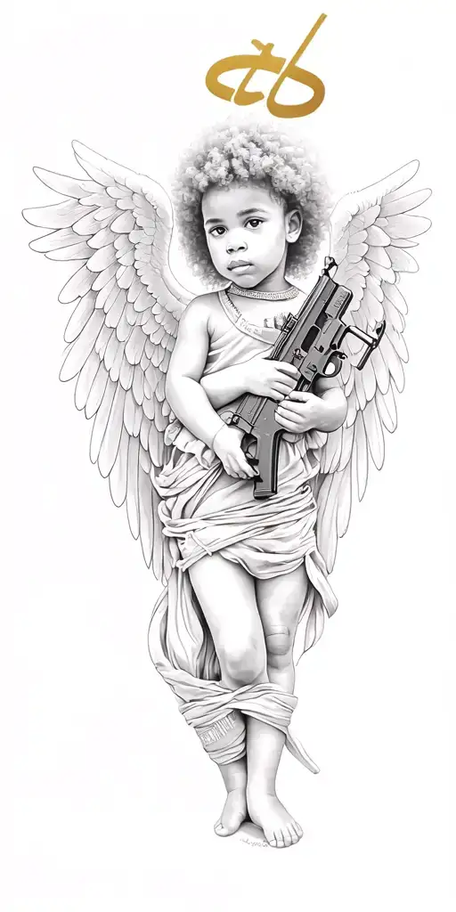 afro baby girl angel with wings wrapped while holding AK-47  guns   tattoo design idea