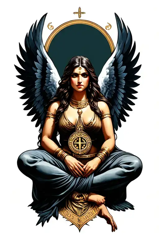 isis godess knealing with cartouche in wings tattoo design idea
