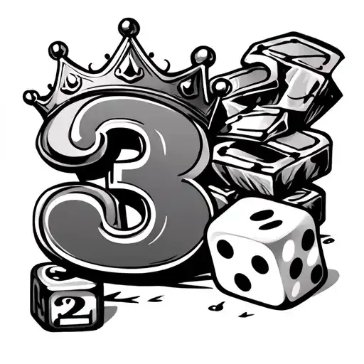 3 with a crown on top and some dice with 2 and a 1 on it tattoo design idea
