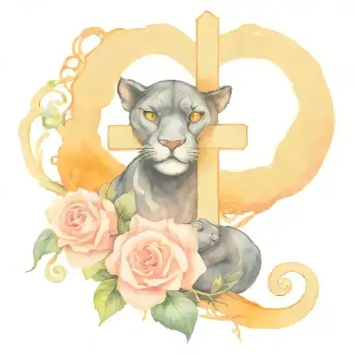 black panther protecting a cross with light pink rose vine wrapped around the cross tattoo design idea