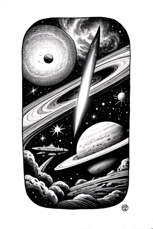 galactic scene with a comet, nebula, ringed planet, stars, a tiny starship in the distance, and stardust tattoo design idea