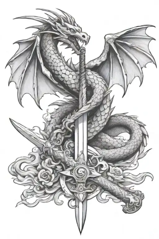 swords and western dragons flying tattoo design idea